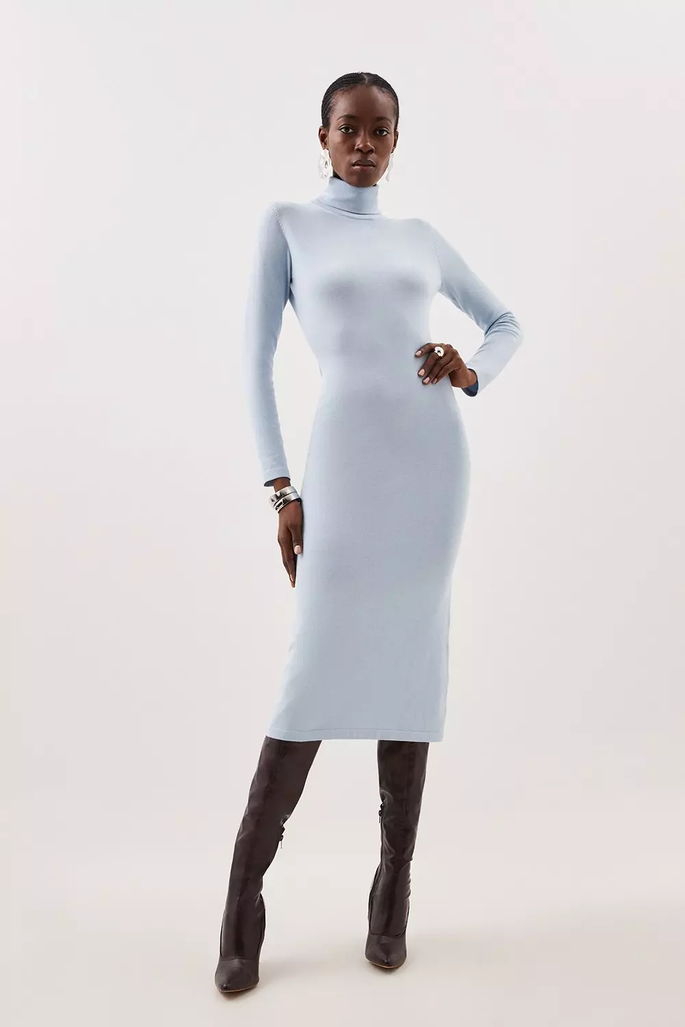 Viscose Blend Knit Roll Neck Midi Dress Karen Millen